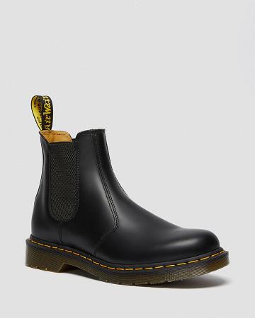 Dr Martens 2976 Yellow Stitch Smooth Leren Laarsjes Dames Zwart | NL 649FDN